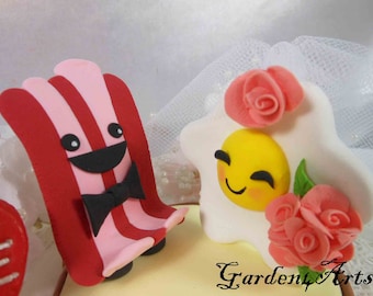 Foody Wedding Cake Topper--Best match Love Couple  (bacon & egg) with clay toast base