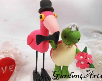 Customize Lovely Animal Wedding Cake Topper--(Flamingo & Turtle)--Tropical wedding