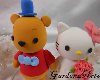 Customize Kawaii Character Wedding Cake Topper--Bear and Kitty love couple with circle clear base