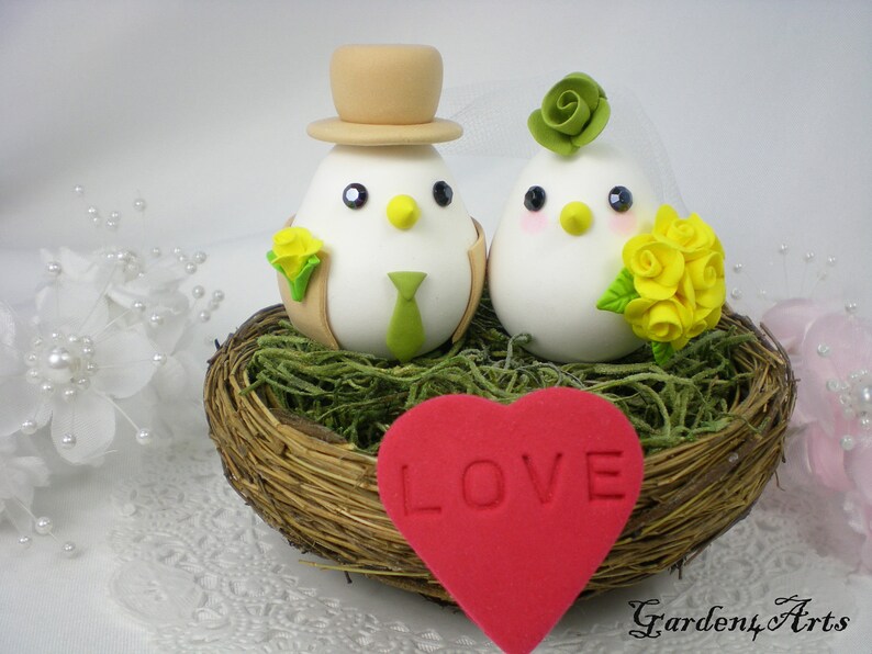 Customize Birds Wedding Cake Topper with Sweet Nest any color Rose BouquetChoice of Color image 2