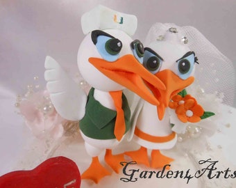 Customize Any College Mascot Wedding Cake Topper--Miami Hurricanes Mascot Couple -- Circle Clear Base