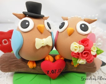 Owl Love--Love Owl couple  wedding cake topper -- Sweet Pencil and Clay Grass Base