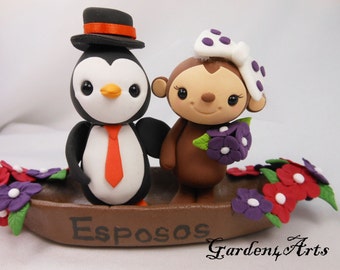 Customize Any Animal Wedding Cake Topper-- Love monkey and penguin with floral gondola