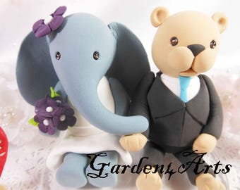Customize Any Animal Wedding Cake Topper--Love Bear & Elephant Couple with Circle Clear Base