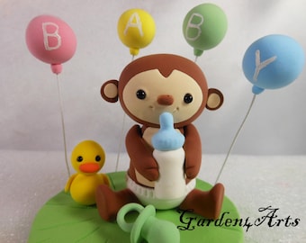 Customize Lovely  Baby Monkey Cake Topper with Grass Base for Kids Birthday or Baby Shower