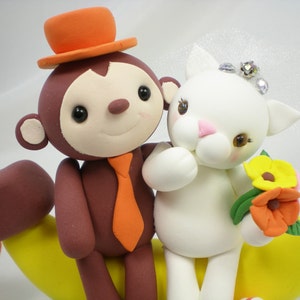 Customize Lovely Monkey & Ladybug Couple Wedding Cake Topper with Sweet Banana and Clay Grass Base image 4