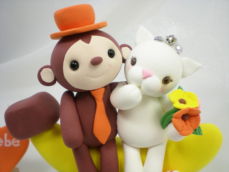 Customize Lovely Monkey & Ladybug Couple Wedding Cake Topper with Sweet Banana and Clay Grass Base image 4