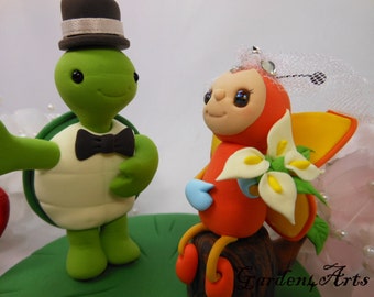 Customize Any Animal Wedding Cake Topper--Love Turtle & Butterfly with Sweet Log and Grass Base