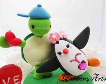 Customize Any Animal Wedding Cake Topper--Happy Turtle and Penguin --Love Heart