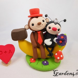 Customize Lovely Monkey & Ladybug Couple Wedding Cake Topper with Sweet Banana and Clay Grass Base image 5