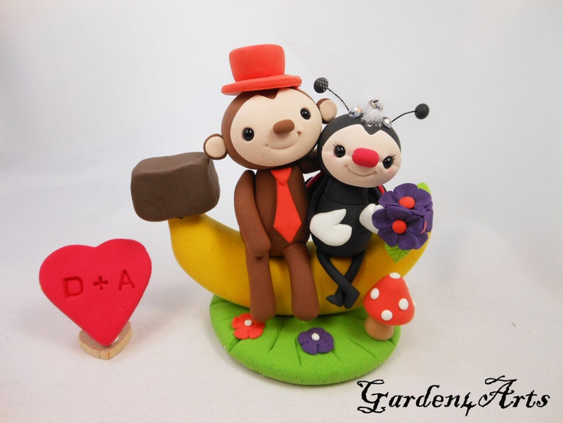 Customize Lovely Monkey & Ladybug Couple Wedding Cake Topper with Sweet Banana and Clay Grass Base image 5