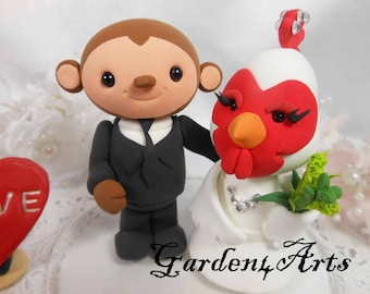 Customize Any Animal wedding cake topper - Love monkey & hen couple with circle clear base