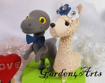 Custom Clay Wedding Cake Topper--dino and llama love couple with clay grass base