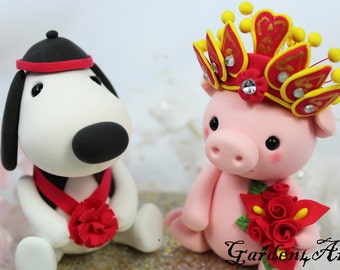 Customize Chinese Zodiac wedding cake topper - Love dog & piggy - Asian Wedding