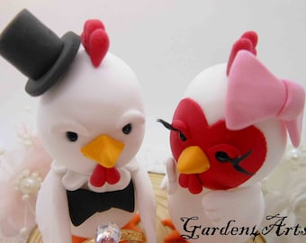 Customize Any Animal Wedding Cake Topper--Happy Rooster and Hen -- Natural wood slices base