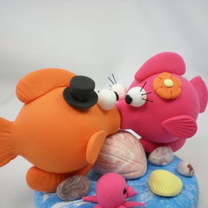 Customize Color Choice Sweet Fish Wedding Cake Topper- with sweet kiss and clay Ocean Theme Base