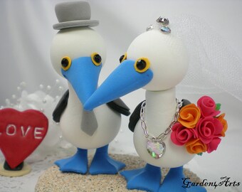 Customize Love Blue Footed Booby Couple Wedding Cake Topper--Clay Sand Base--Coast Wedding