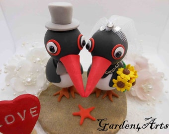 New--Customize Love Oyster Catcher Couple Wedding Cake Topper--Clay Sand Base--Beach Wedding