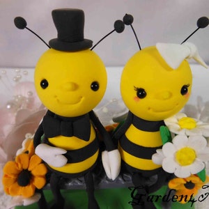 Customize  Bee Love Wedding Cake Topper-- HAND HOLD HAND -- Floral Bench and Grass Base