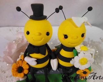 Customize  Bee Love Wedding Cake Topper-- HAND HOLD HAND -- Floral Bench and Grass Base