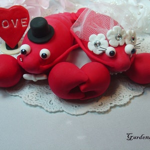 Customize Sweet Lobster Wedding Cake Topper-- with Rings and Clay Ocean or Sand base-for Summer Beach Wedding