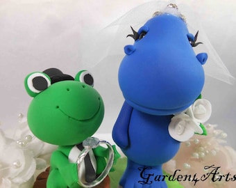Customize Love animal couple (frog & dinosaur) cake topper for lakeside Theme Wedding