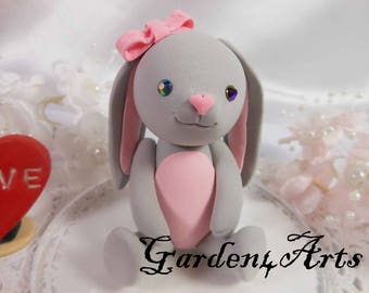 Customize Lovely Baby Bunny Cake Topper with circle clear base- for Baby Shower or Kids Birthday