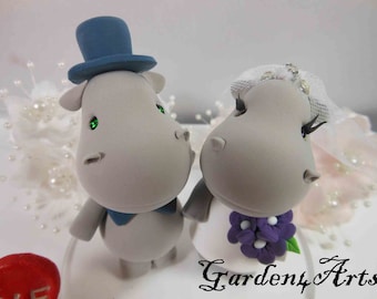 Customize Any Animal Wedding Cake Topper--Love Hippo Couple with Circle Clear Base