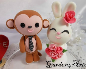 Customize Any Animal Wedding Cake Topper--Love Monkey & Bunny couple