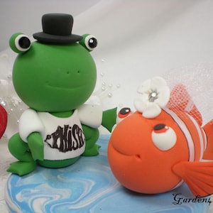 Customize Any Animal Wedding Cake Topper--Love Frog & Clown Fish Couple with Ocean Base