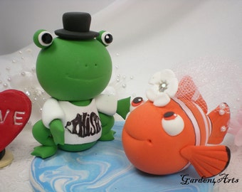 Customize Any Animal Wedding Cake Topper--Love Frog & Clown Fish Couple with Ocean Base