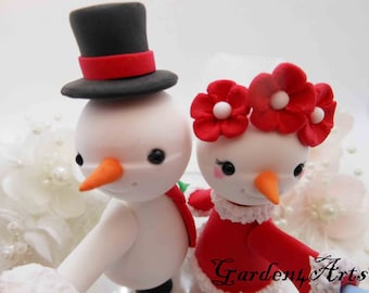 Customize Lovely Snowman Wedding Cake Topper--Circle Clear Base--Xmas Wedding