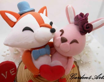 Customize Sweet Fox and Bunny Couple Wedding Cake Topper --Natural Wood Slices base -- Fall decoration