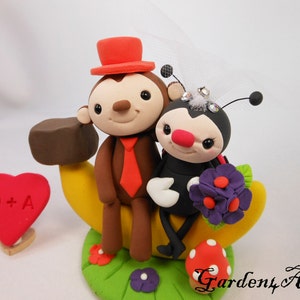 Customize Lovely Monkey & Ladybug Couple Wedding Cake Topper with Sweet Banana and Clay Grass Base image 2