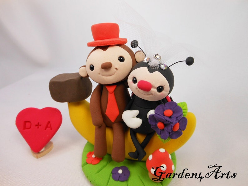 Customize Lovely Monkey & Ladybug Couple Wedding Cake Topper with Sweet Banana and Clay Grass Base image 2