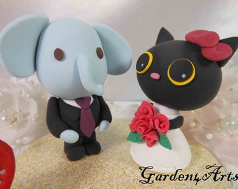 New--Customize Any Animal Wedding Cake Topper--Love Elephant & Kitty couple