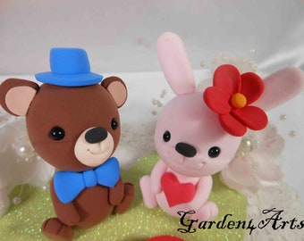 Love animal couple (Bear & Bunny) with wooden heart base-- Special for 2023