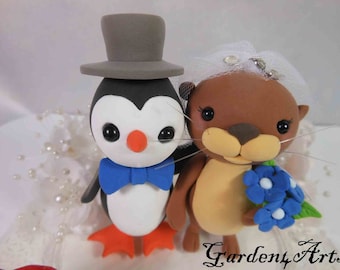 Customize Any Animal wedding cake topper - Love penguin & sea otter couple - Lakeside Wedding