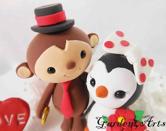 Customize Any Animal Wedding Cake Topper--Love Monkey and Penguin with Wedding Ring and circle clear base