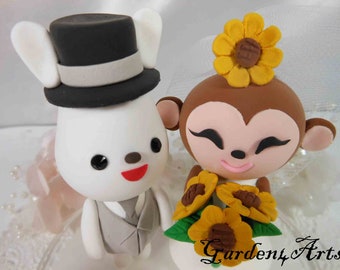 Customize Any Animal Wedding Cake Topper--Love Bunny & Monkey couple