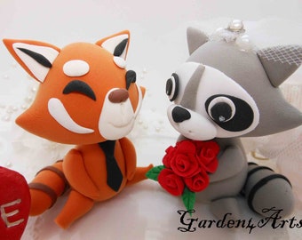 Customize Any Animal Wedding Cake Topper -- Love red panda and raccoon with circle clear base