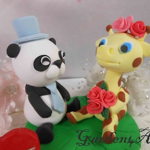 Customize cute Animal Wedding Cake Topper--Panda and Giraffe love couple with clay grass base
