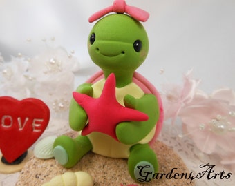 Customize Any Animal  Birthday Cake Topper - Lovely turtle girl  with clay sand base