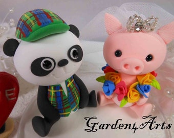customize- Animal Wedding Cake Topper--Love panda & piggy couple
