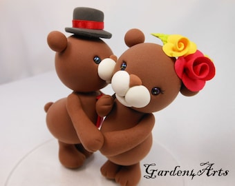 Customize bear Wedding Cake Topper--Kissing Bear -- HAND Hold HAND (choice your color)