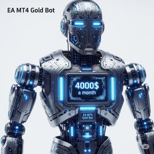Puede incluir: Un robot futurista plateado y azul. En su pecho, una pantalla muestra "4000$ a month" y el texto "EA MT4 Gold Bot". Los ojos y otras partes del robot brillan en azul.