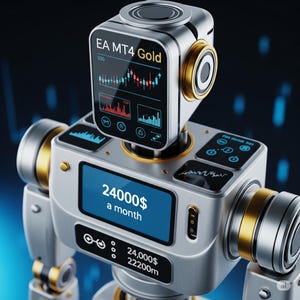 Puede incluir: Un robot futurista plateado y dorado. Muestra "EA MT4 Gold" y gráficos financieros en una pantalla, y "24000$ a month" en otra. La imagen evoca finanzas y tecnología, con un diseño futurista.