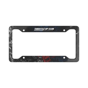 May include: Black license plate frame featuring a floral and skull design. The frame has the text "THROTTLE UP CLUB" in white and Japanese text. The frame is rectangular with four mounting holes.