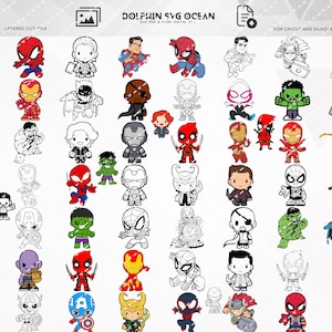 Pacote de arquivos SVG PNG EPS de Chibi Heroes, arquivo de corte em camadas de Chibi Heroes, clipart de Chibi Heroes, silhueta de Chibi Heroes Cricut, adesivos digitais
