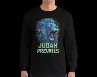 Lion of Judah Shirt – Judah Prevails Neon Design | Roaring Lion Unisex Long Sleeve | Hebrew Tribal Spiritual T-Shirt | Messianic Bible Gift